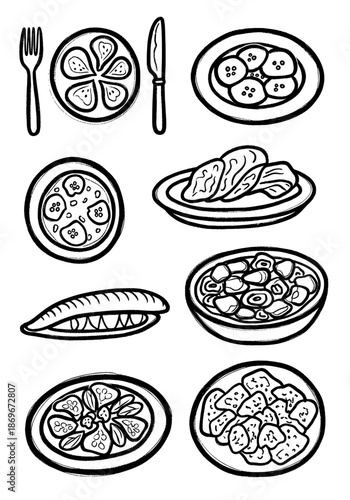 Hand drawn black and white food doodle collection featuring various meal plates bowls and cutlery sets including salad soup sandwich and fruit slices for menu decoration