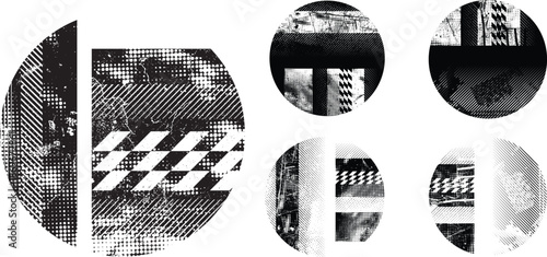 Textured circles vector set. Glitched social media templates . Trendy defect error shapes . Glitched frame .Grunge textured. Distressed effect. Shapes with a halftone dots screen print texture. 