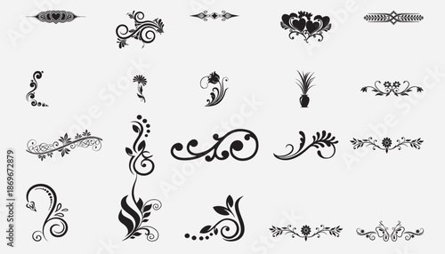 Elegant Black Floral Ornament and Decorative Swirl Vector Set Isolated on White Background