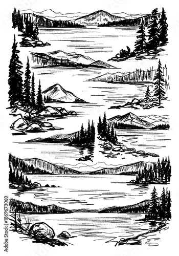 Hand drawn mountain landscape collection featuring serene lakes and pine forests in black ink sketch style for wilderness and camping adventure themes monochromatic nature scenery