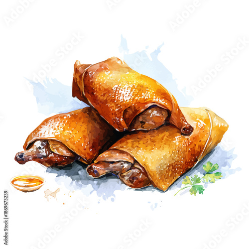 Watercolor vector illustration of Peking Duck Rolls, isolated on white background.