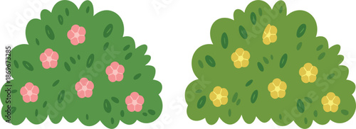 Set of green garden bush vector illustrations, flowering shrub icons with pink and yellow spring blossoms
