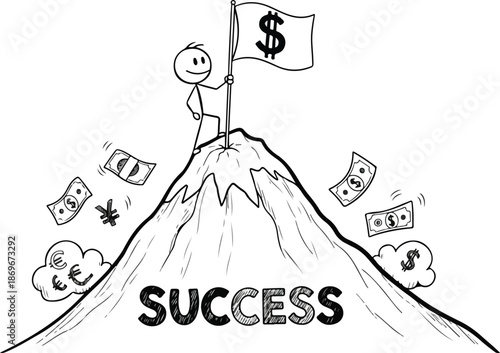 Man Reaching Success with Dollar Flag.