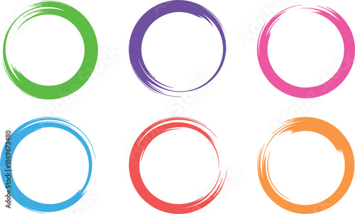 Set of colorful paint brush stroke circles, vibrant ink grunge ring frames for creative graphic design