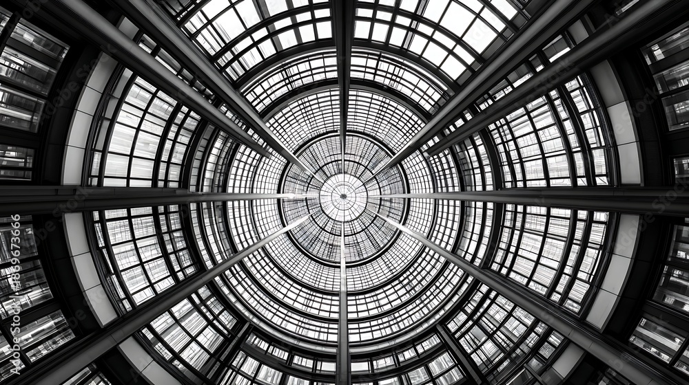 Fototapeta premium Ornate glass and steel ceiling of a grand historic dome interior with natural light streaming through