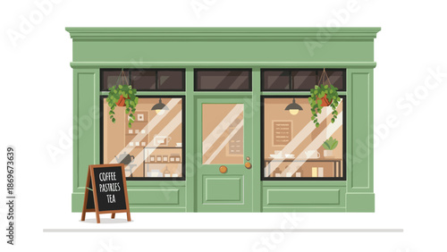 Inviting green storefront adorned with charming hanging plants and a chalkboard sign advertising "Coffee Pastries Tea," appealing to customers.