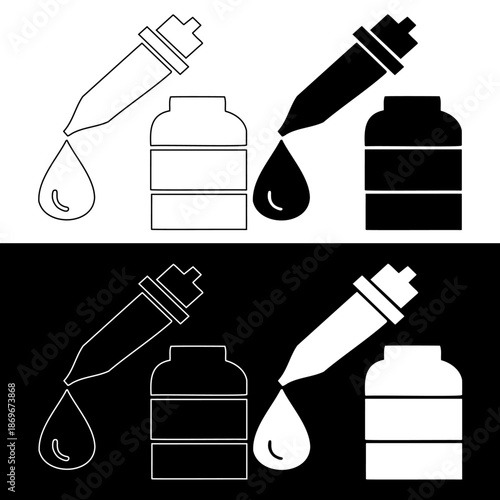 Four black and white icons of pipettes and bottles for chemistry laboratory or medical use