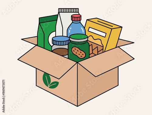 Cardboard box with groceries and assorted food items for donation, vector illustration