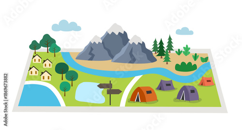 Travel map with marked points. Trekking and hiking route in retro style. Bright hand drawn illustration