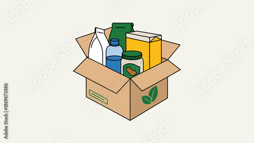 Cardboard box filled with assorted groceries and food items for donation, vector illustration representing charity, community support, food drive, humanitarian aid, and social responsibility projects