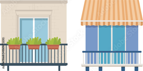 Modern apartment balcony vector illustrations, building window terrace with flower pots, and sunshade awning for architecture