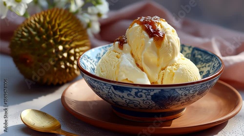 Video A delicious looking bowl of ice cream topped with rich durian jam, perfect for a sweet treat or dessert