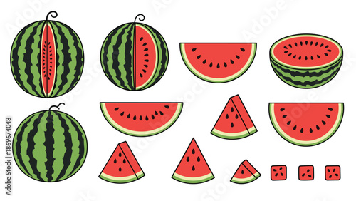 Various cuts and whole watermelons with red flesh and black seeds, illustrating different serving sizes and preparations.