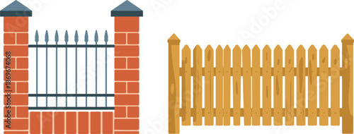 Set of residential fence vector illustrations, brick wall with metal railings, and wooden picket garden boundary