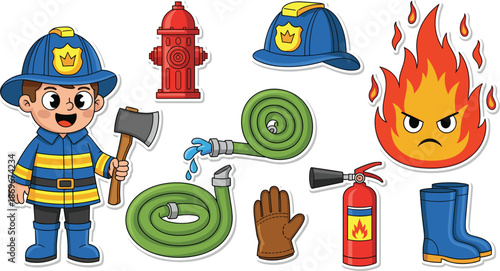Cute Cartoon Firefighter Set with Fireman Equipment Extinguisher Hydrant Axe and Angry Flame Character Isolated on White Background for Kids