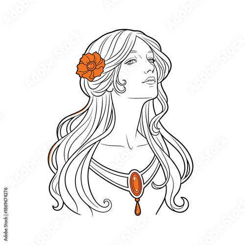 Portrait of a woman in Art Nouveau style. A woman with long curls, a red flower in her hair and a piece of jewelry around her neck. Vector illustration