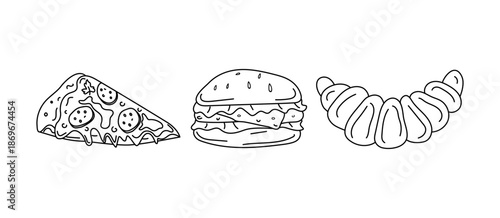 Bakery, pastries. Pizza slice, hamburger, bun, croissant. Set of line icons, doodle style. Ready-made food, fast food, cooking. Vector illustration. Isolated background.
