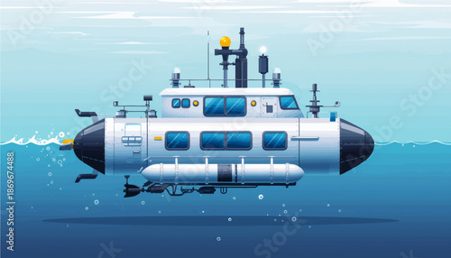 Modern White Submarine Vessel Underwater Illustration for Ocean Exploration and Research