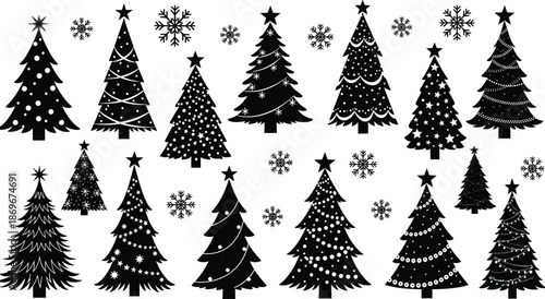 Black Christmas Tree Silhouettes Collection with Various Festive Ornaments Stars and Snowflakes Isolated on White Background for Holiday Graphic Design