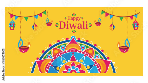 A vibrant Happy Diwali banner featuring traditional Indian rangoli, decorative diyas, and festive garlands on a yellow background.
