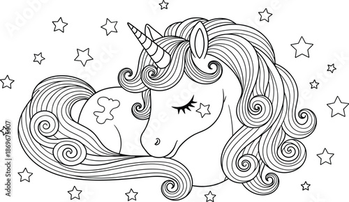 Cute magical unicorn head with swirling mane and stars outline for coloring book page printable vector illustration fantasy animal design