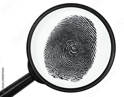 Magnified fingerprint in a magnifying glass on black