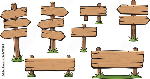 Set of cartoon wooden signboards and blank wood planks vector illustration directional arrows on posts with grass for game interface