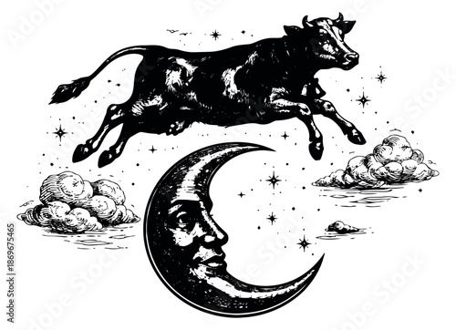 Hand drawn illustration of a cow depicting it jumping over a crescent moon with a face for a whimsical nursery rhyme scene
