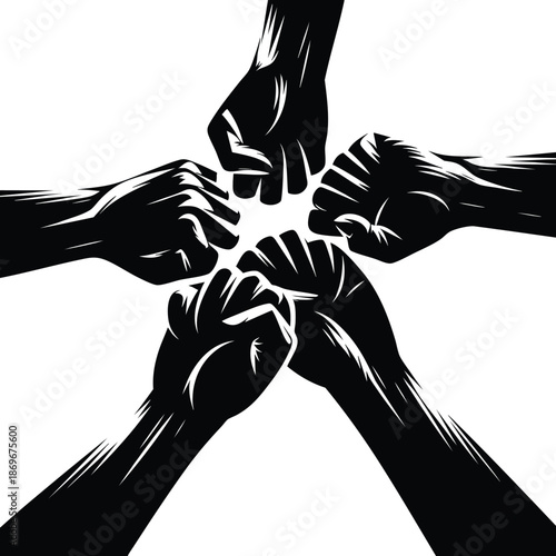 Five clenched fists forming a star shape symbolizing unity and teamwork a powerful graphic for protest and solidarity concepts isolated on white background