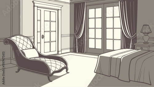 Elegant bedroom interior with chaise lounge and large window