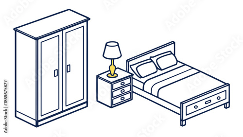 Modern bedroom furniture set with bed, wardrobe, and nightstand