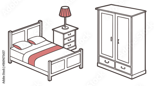 Modern bedroom furniture set with bed, nightstand, and wardrobe
