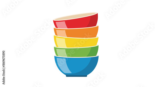 A perfectly balanced stack of five colorful ceramic bowls in a rainbow gradient, showcasing vibrant kitchenware.