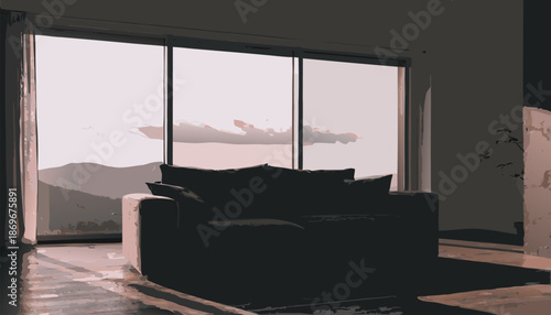 Cozy living room with sofa facing scenic mountain view