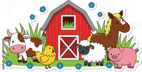 Cute cartoon farm animals sticker set with red barn cow horse pig sheep and chicken vector illustration for kids design