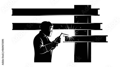 Welder in protective gear skillfully joins metal beams with a bright spark, symbolizing construction and industrial craftsmanship