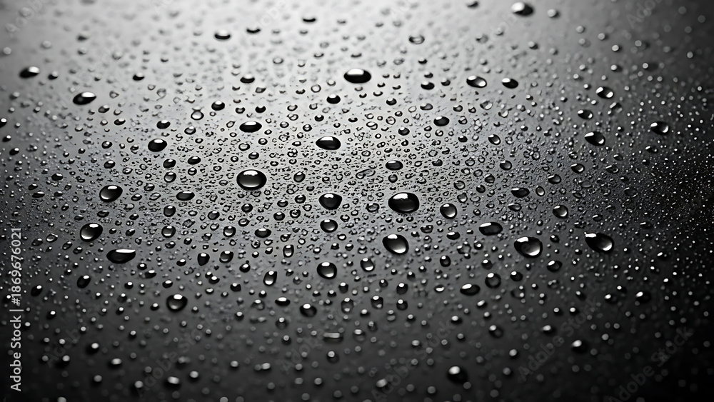Fototapeta premium Water droplets on dark surface with subtle light reflection