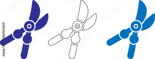 Three colorful propellers in blue and black and white isolated on white background