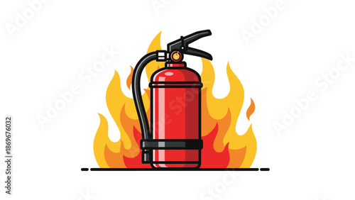 A red fire extinguisher standing within a backdrop of yellow and orange flames, representing fire safety and prevention.