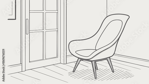 Modern chair in empty room with door
