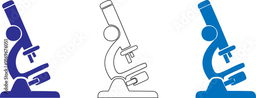 Three different colored microscope icons on white background for science and research purposes