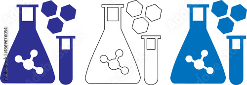 Three laboratory equipment icons with molecular structures and hexagons in blue and white colors