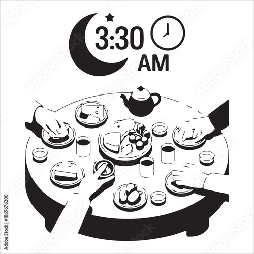 Ramadan suhoor time illustration featuring people eating dates and light breakfast at 330 am early morning