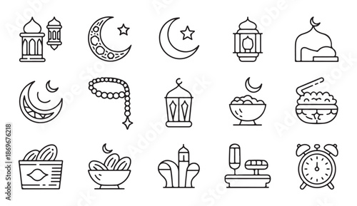 Traditional ramadan icons set with praying man silhouette mosque quran and decorative lanterns sign