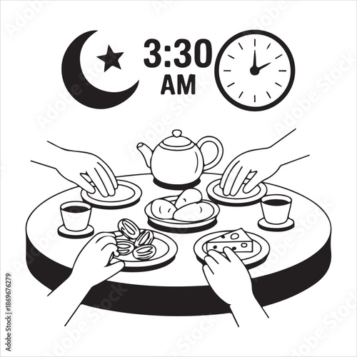 Ramadan suhoor time illustration featuring people eating dates and light breakfast at 330 am early morning