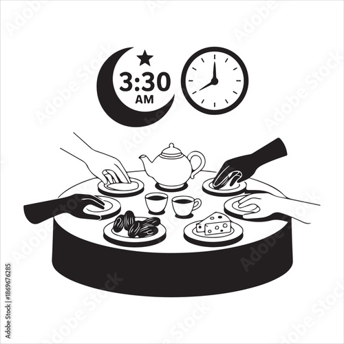 Detailed ramadan kareem and eid mubarak celebration outline icons set showing mosques prayer and food symbols