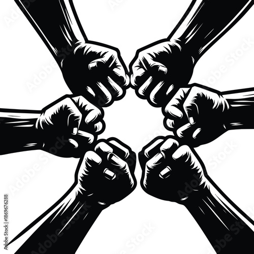 Group fist bump together symbolizing unity, strength, equality and social justice movements vector illustration