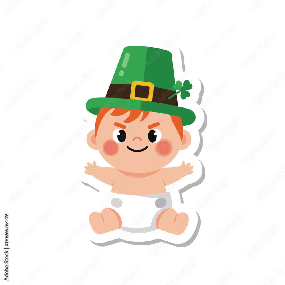 Obraz premium Cute Baby Wearing a Green Leprechaun Hat with a Shamrock, Adorable St Patricks Day Celebration Sticker.