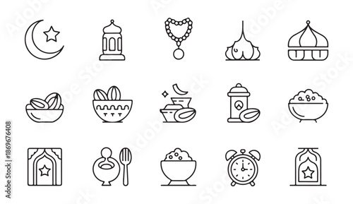 Outline icon set for ramadan kareem with crescent lantern dates prayer beads and clock