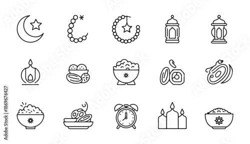 Ramadan kareem icons set collection silhouette style for islamic holiday design elements